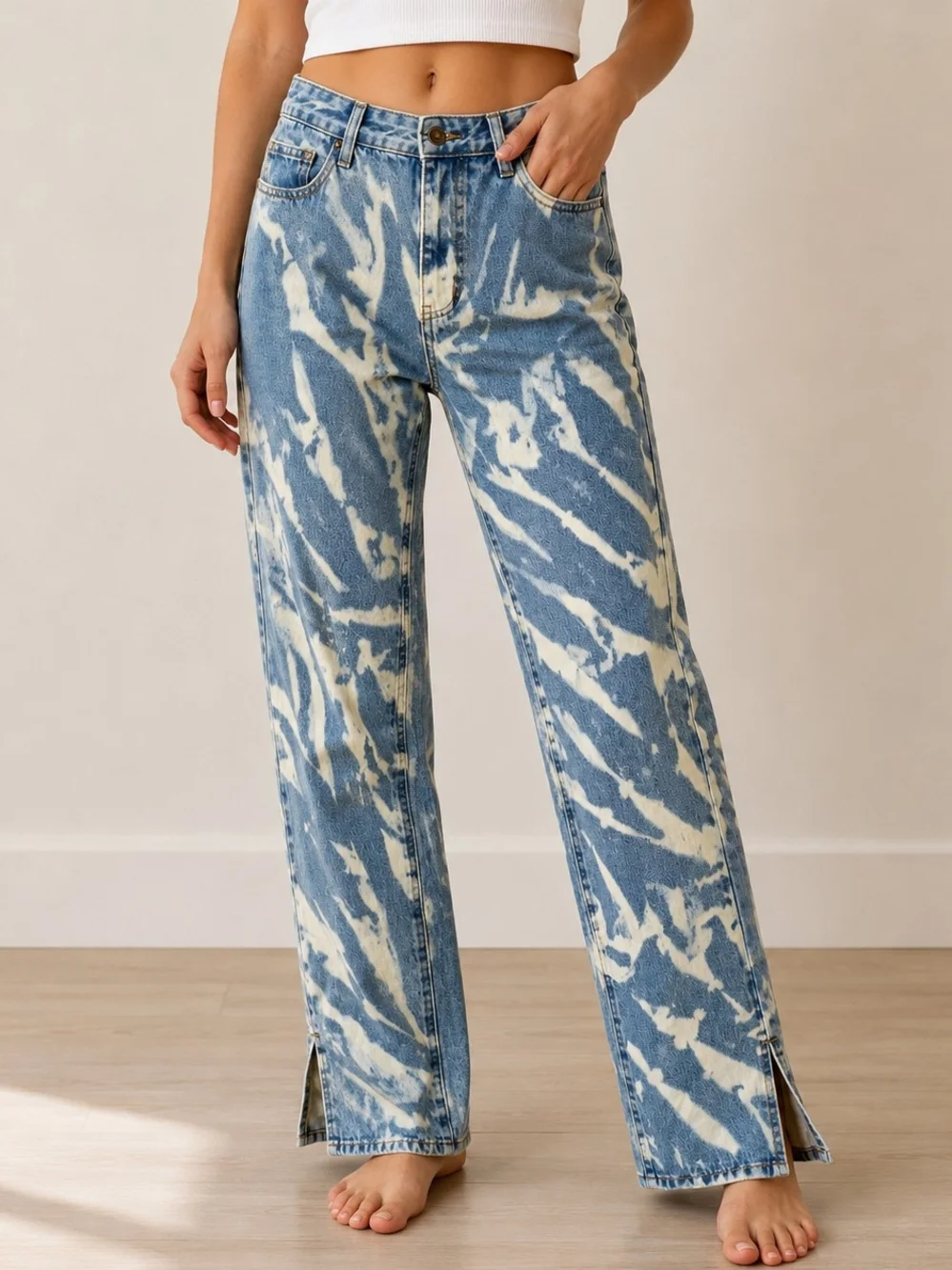 Lioness Bleach Tie Dye Straight Leg Jeans Side Slit Hem Size Small